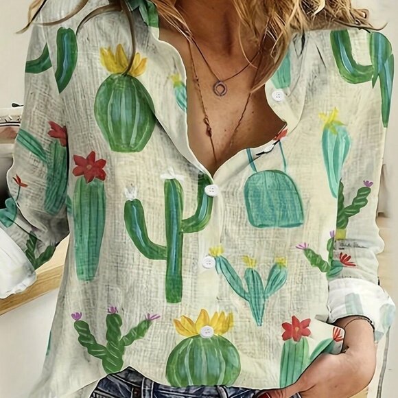 Tops - Green Casual Women's Cactus Print Long-Sleeve Shirt